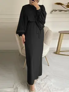 Women's Solid Belted Tie Front Long Sleeve Dress, Classy Modest Style Dress, Casual Bishop Sleeve Round Neck Dress for Spring & Fall, Women's Clothing for Daily Wear