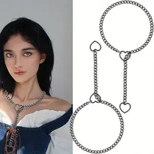2Pcs Heart Slip Chain Necklaces for Women,Stainless Steel O-Ring Adjustable Lariat Y-Necklace,Punk Gothic Cuban Collar Choker Necklace for women
