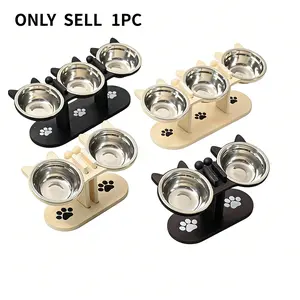 Wooden Cat Bowl Stand with Stainless Steel Bowls | No More Messy Floors. Angled Design Protects Cats’ Necks. Detachable for Easy Cleaning. Multi-Bowl Design Separates Food and Water, Ideal for Cats and Multi-Cat Households.