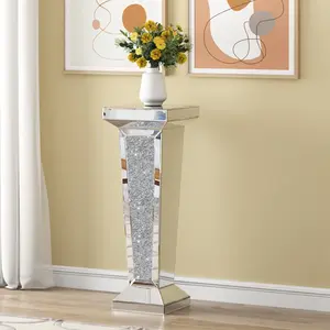 Tall Pedestal Mirrored Glass Top End Table with Sparkling Base for Modern Home Decor