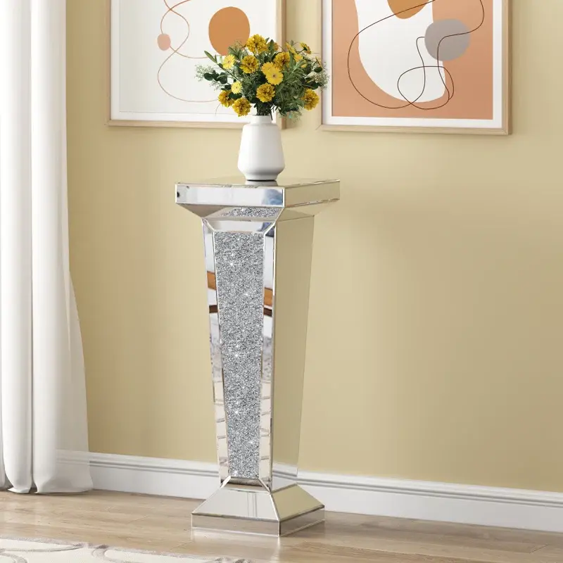 Tall Pedestal End Table with Mirrored Glass Top, Sparkling Base – Modern Side Table for Modern Home Decor