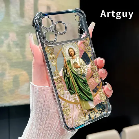 Luxury Saint Jude Thaddeus Transparent Electroplated Corner Shockproof Phone Case For iPhone 18 Pro Max 17 16 Air 15 Plus 14 13 12 11 E Heavy Duty Cushion Bumper Protective Cover Religious Gift For Men Women, Ideal Holiday Present, Smartphone, Handheld,