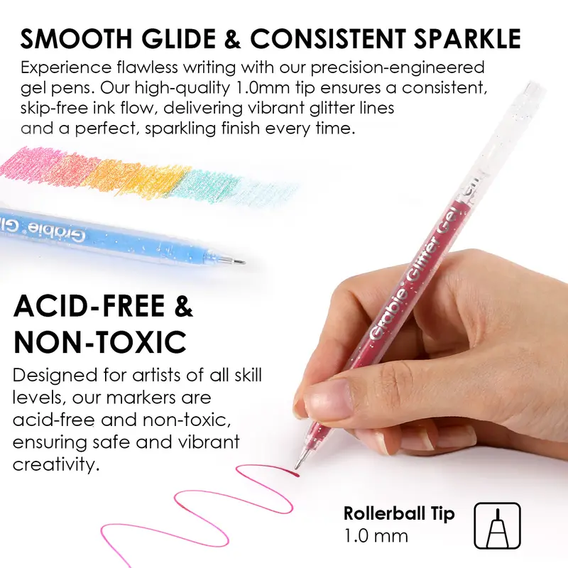 [Upgraded] Grabie Glitter Gel Ink Pens Set of 42 with more ink capacity, Back to School, Class Reward Gift Idea