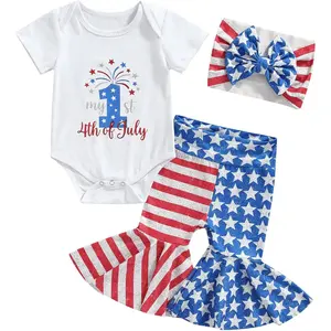 4th of July Baby Girl Outfits  Ribbed Short Sleeve Romper Stars Bell Bottoms Newborn Fourth of July Clothes