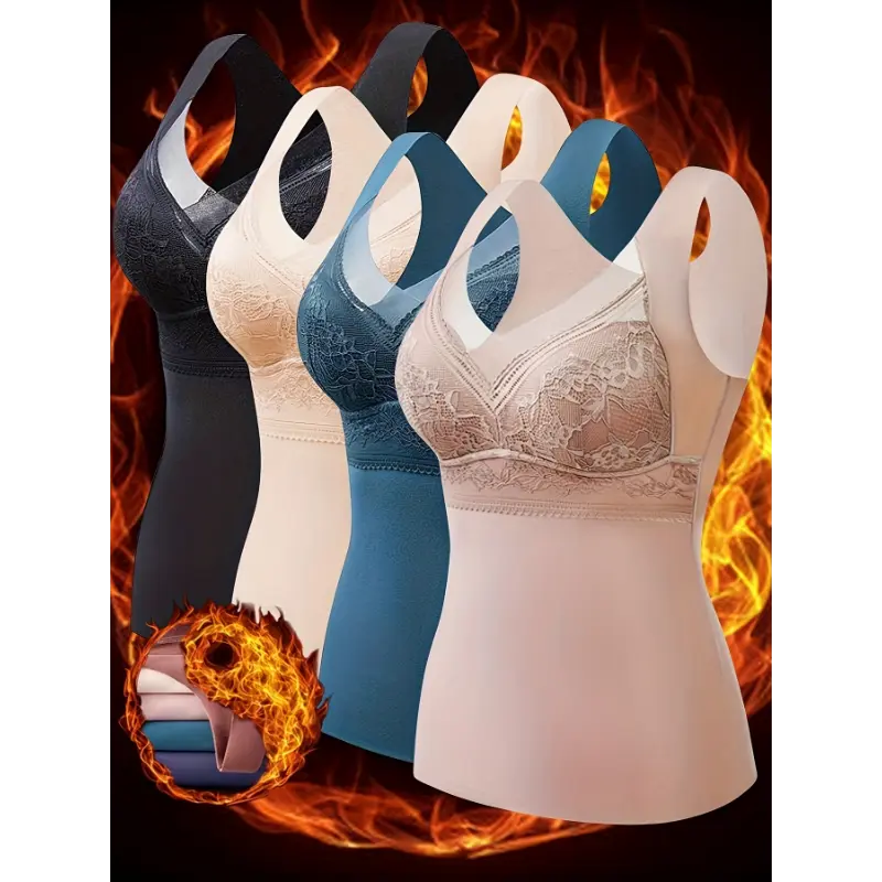 Women's 4-Pack Knit Thermal Camisoles, Elegant Polyamide Spandex Base Layer, Sleeveless Tight-Fitted Vest with Lace Back, Black+Gray+Camel+Beige, Adult, Spandex Blend, Handwash Easy Care, Camisole, Basics, Elastane, No Padding, Slim-Fitting