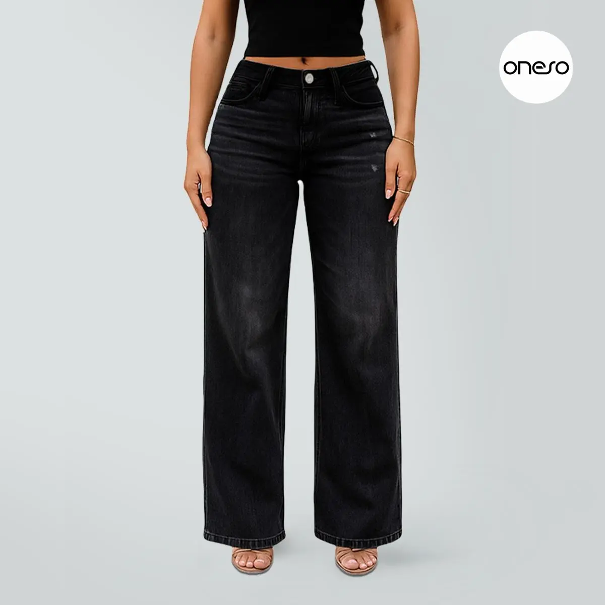 Magic ONESO Black Tummy Control BBL Jeans for Women Mid-Low Rise Stretch Baggy Fit Comfortable Wide Leg Distressed Denim Minimalist Basic Trouser #TikTokShopBackToSchool