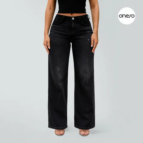 Magic ONESO Black Tummy Control BBL Jeans for Women Mid-Low Rise Stretch Baggy Fit Comfortable Wide Leg Distressed Denim Minimalist Basic Trouser