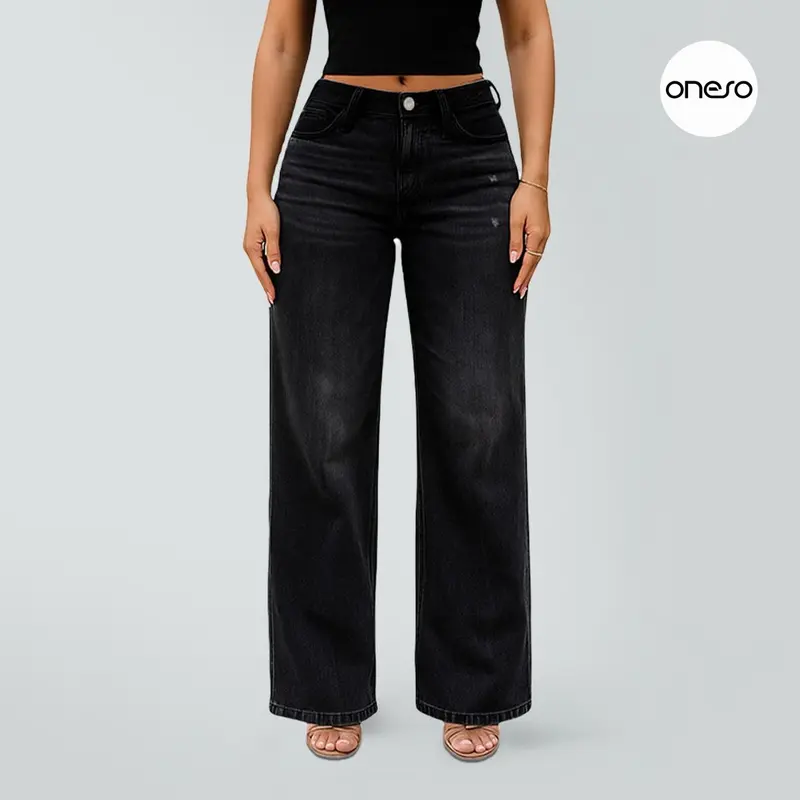Magic ONESO Black Tummy Control BBL Jeans for Women Mid-Low Rise Stretch Baggy Fit Comfortable Wide Leg Distressed Denim Minimalist Basic Trouser