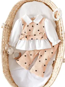 2-Pack Baby Girls Newborn, Stylish Color-Blocked Top with Peter Pan Collar, Relaxed Fit Knitted Long Pants for Infants Baby Clothing