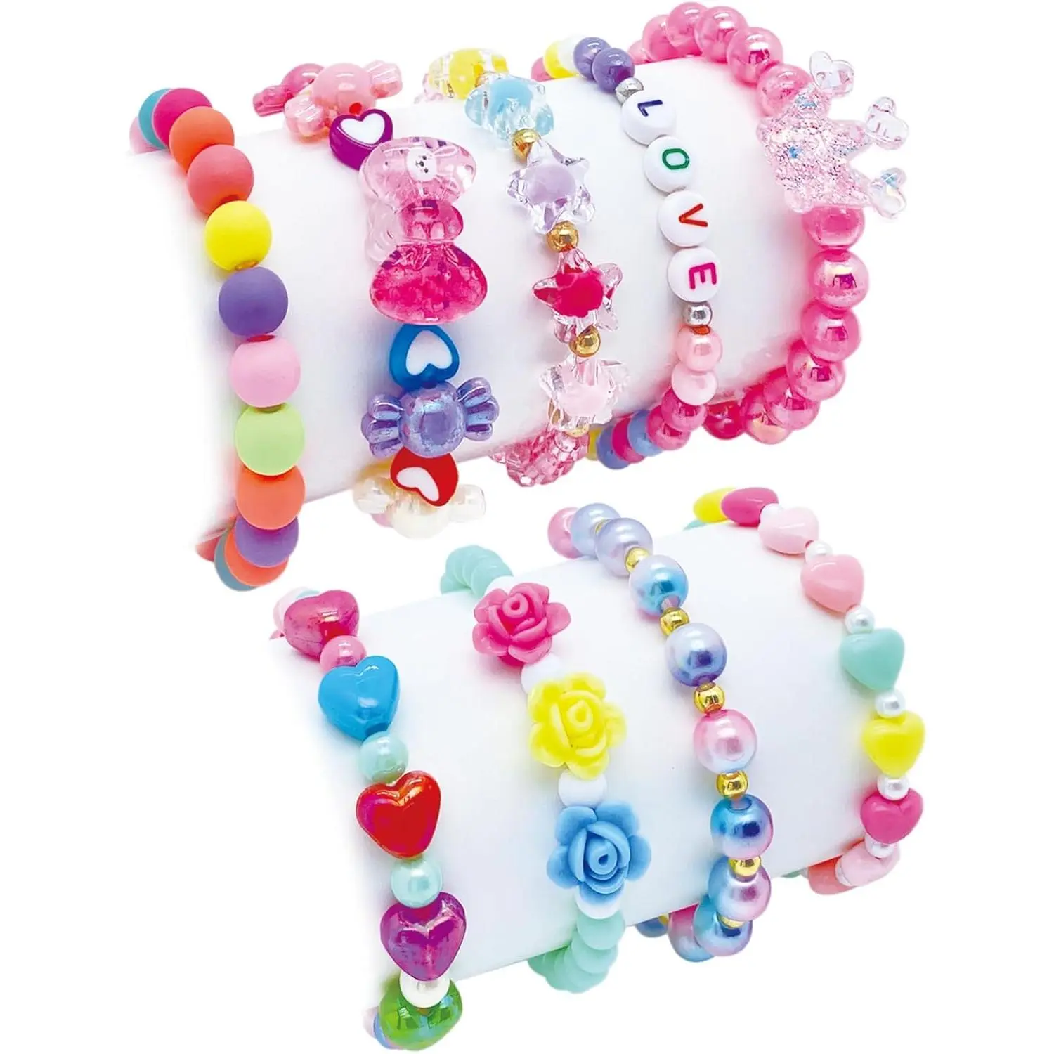 Cute 9-Piece Beaded Bracelet Set for Girls, Acrylic Friendship Jewelry with Colorful Stars and LOVE Charms, Princess Costume Accessory, Halloween and Birthday Gift Ideas, Female, Stretchable, Birthday Party, Durable, Elastic Fit, Bangle, Happy Birthday, C