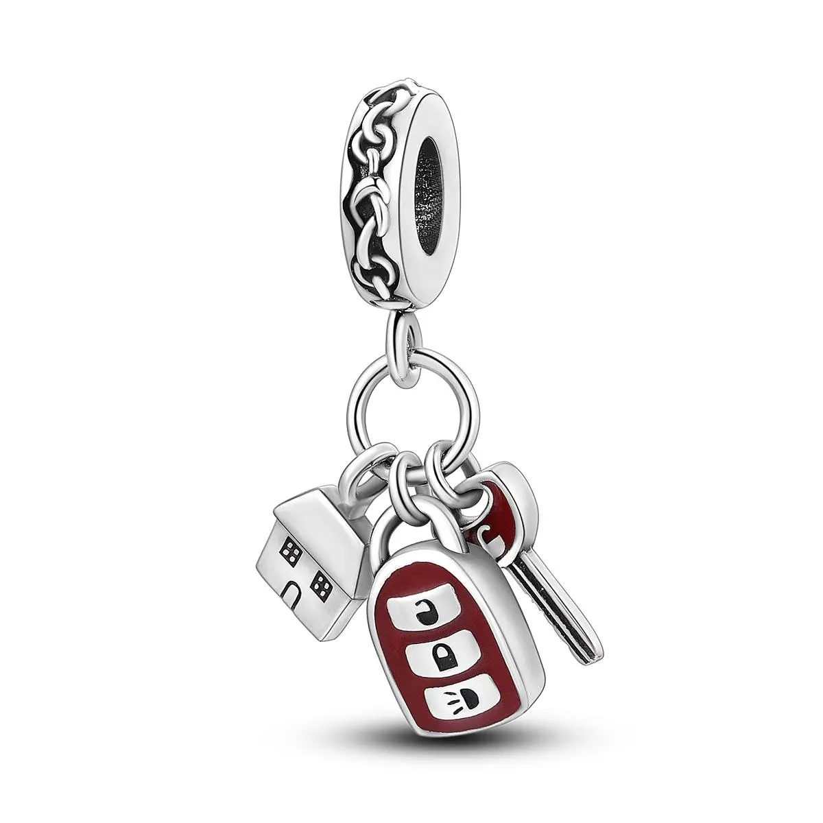 MULA Car Key & House Charm, 925 Silver Plated with Red Enamel Details, New Home Car Owner Milestone Jewelry for Pandora Bracelets & Necklaces, Perfect Housewarming Graduation Gift for Her, First Home Accessory
