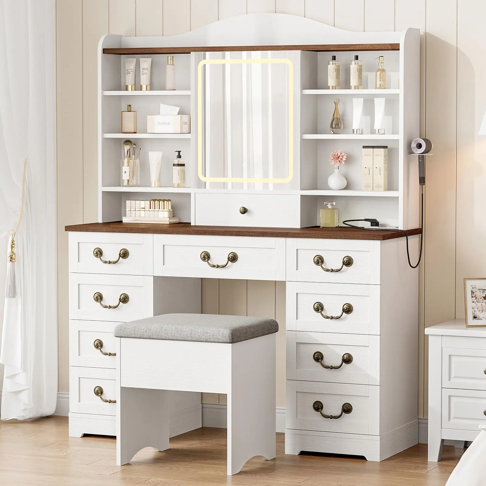 Garvee Farmhouse Vanity with Lights, Vanity Desk with Chair and Mirror, 10 Drawers and 8 Storage Shelves, 3 Colors LED Adjustable Lighting Makeup Desk with Power Outlet for Bedroom (Classic White)