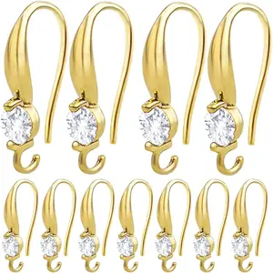 12pcs Golden Earring Hooks with Round Rhinestone Brass French Fish Hooks with Open Loop Earwire Connectors for DIY Dangle Earrings Jewelry Making Decoration