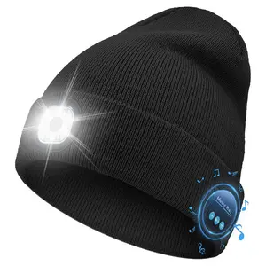 Bluetooth Beanie with LED Light — USB Rechargeable 4-LED Headlamp Hat with Built-in Headphones & Mic, Ultra-Soft Knit Warm Balaclava Style, Perfect Unisex Gift for Men Women Teens for Christmas, Cycling, Hiking, Running, Outdoor Sports wireless