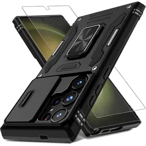 Case for Samsung Galaxy S25 Ultra with Slide Camera Cover+Screen Protector (1 Pack), Rotated Ring Kickstand Military Grade Shockproof Protective Cover-Black