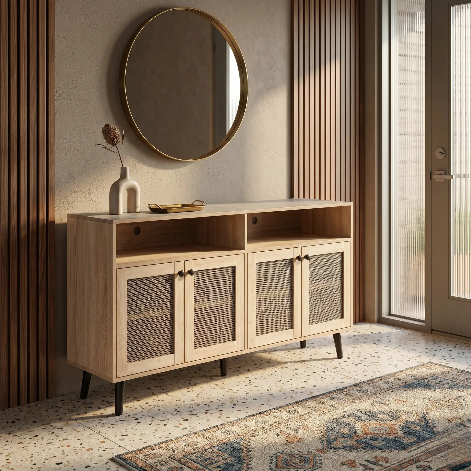 Stockholm Media Console/TV Stand – Modern Scandinavian Design, Fits 65” TVs, Frosted Glass Doors, Ample Storage & Cable Management
