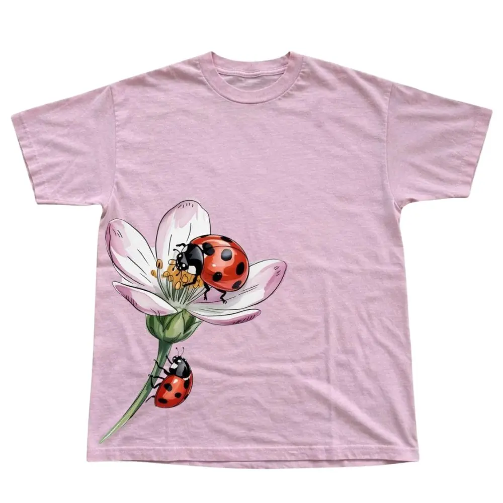 Cute Ladybug and Flower Graphic T-Shirt, Pink Cottagecore Nature Tee, Whimsical Garden Insect Shirt, Spring Gift for Women