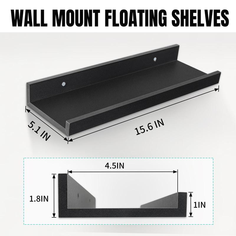 16-Inch Black Floating Shelves for Wall Storage Set of 4 - Modern Minimalist Picture Ledge Shelf Wall Decor for Kitchen, Bedroom, Bathroom, and Living Room