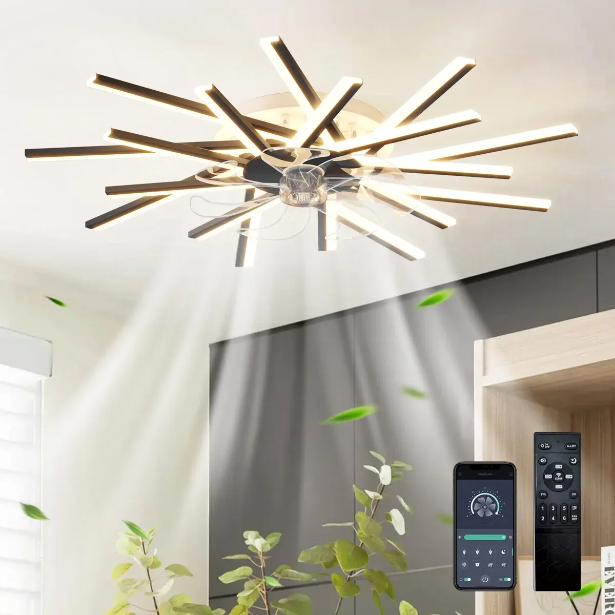 Modern 36 Inch LED Ceiling Fans with Lights Remote Control Dimmable LED Lamp 6 Gear Wind Speed Fan Light Black Ceiling Fan for Indoor Lighting