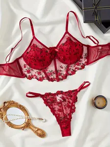 Embroidered Red Lingerie Set with Vertical Chest Straps and Mesh Thong, Backless Bra and Panties, Medium Support, No Padding, Adult Women'S Lingerie, Intimate Apparel |   Embroidery |   Mesh Fabric