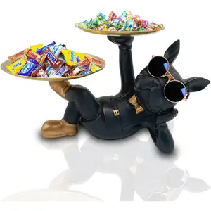 Bulldog Design Tray Statue, Lying Bulldog Candy Dish Key Holder Bowl, Statues for Office Desk Home Decor, Entryway Table Decor, Ornaments