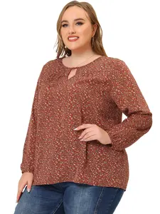 Agnes Orinda Plus Size Chiffon Tops Long Sleeve Keyhole Blouse Floral Top