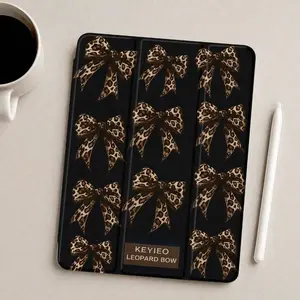 Leopard Print Bow-Tie Trifold iPad Case, Built-in Pencil Slot Auto Sleep/Wake, Anti-Slip Shockproof Durable Flip Stand, Multi-Option, Compatible with iPad 10th/11th Gen/10.2"/Pro 11" 2021/2020 & Galaxy Tab S9 FE+ 12.4", Unisex New Year Gift