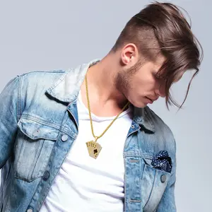 OIDEA Men's Stainless Steel Rhinestone Playing Card Spade Pendant Necklace Gold Tone Wheat Chain 22 Inch