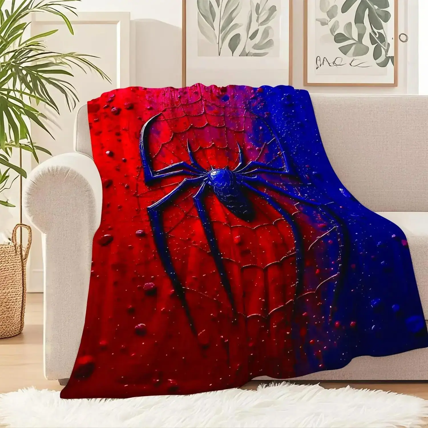 Deep Blue Red Contrast Spider Pattern Flannel Blanket, Soft cozy lightweight blankets, cooling blankets, bedding, bed accessories, Camping Office Warm Throw Home Decor Daily Gift
