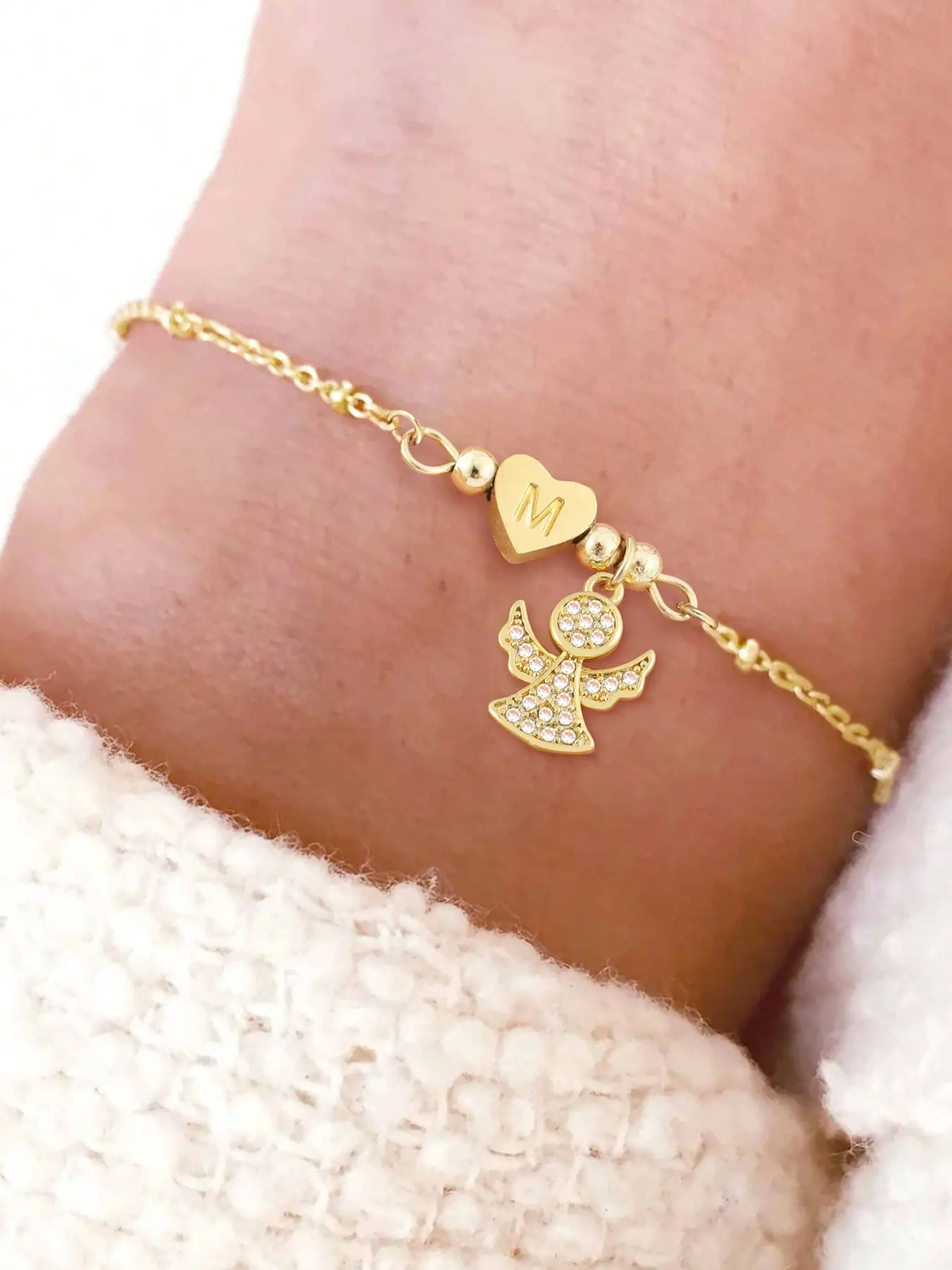 Heart Shape Initial Letter Angel Pendant Bracelet, Elegant Stainless Steel Bead Chain, Fashionable Women's Jewelry, Everyday Wear, All Seasons Accessory