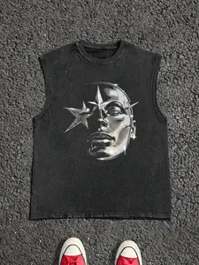 Men's 100% Cotton Street Style Graphic Print Round Neck Tank Top, Regular Fit Vintage Trendy Casual Comfy Sleeveless Top for Summer, Fashion Men's Clothes for Daily Wear Tank Tops Workout