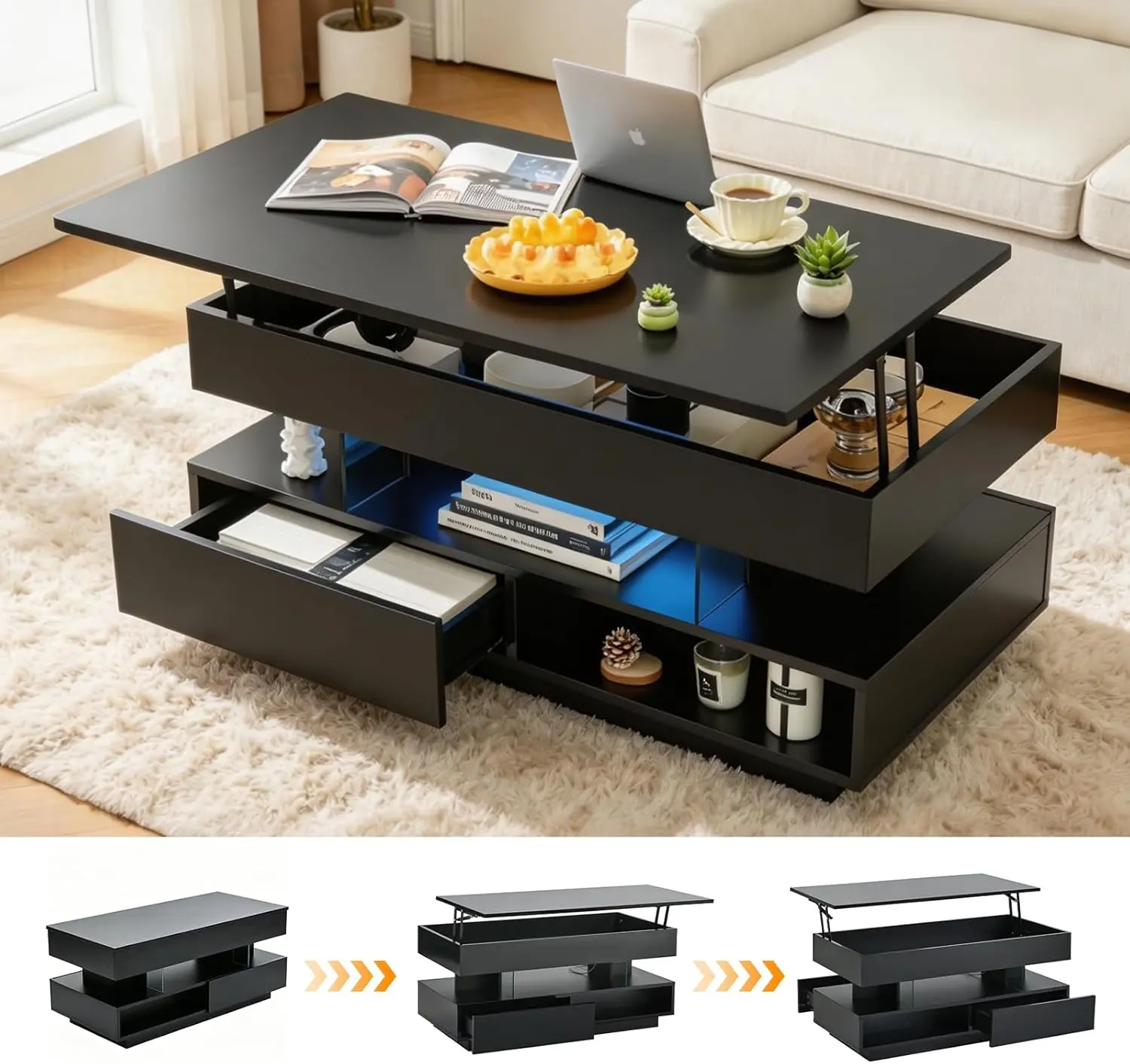 39.3" Lift Top Coffee Table with Hidden Compartment, 2 Storage Drawers & Open Shelf, Modern Black Central Table with LED Light, Multifunction Wood Coffee Table for Living Room (Black)