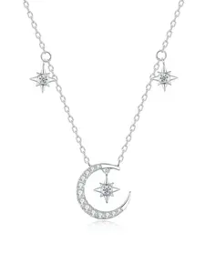 Women's Silver Color Moon & Star Pendant Necklace, Dangling Charms Necklace, Adjustable Chain Design, Durable Titanium Steel Material, Perfect Gift for Her