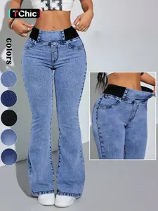 GILIPUR Y2K 2026 Women's Back Shirred Jeans, Mid - Rise Elasticity Waist Flared Jeans, With Pockets, Light Blue Washing Process, Kardashian Style, Women's Bell - Bottoms Wide - Leg Jeans, Waist - Cinching Design, Tchic Pants