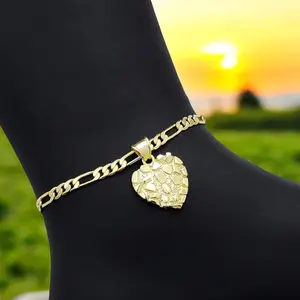 Women's Brass Nugget Heart Charm Gold Electroplated Cute Lovely Anklet Bracelet 14K Stamped Cuban Chain 4mm 10" Fashion Jewelry - Made in Korea, Cuban Link Bracelet, Golden Tone Bracelet
