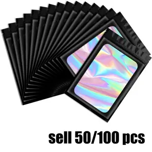 50 or 100 Black Polyester Film Holographic Bag Packages, Transparent Reusable Sealed Bags, Storage Pouch, Used for Storing Food and Lipsticks, Jewelry, and Mascara Packaging.