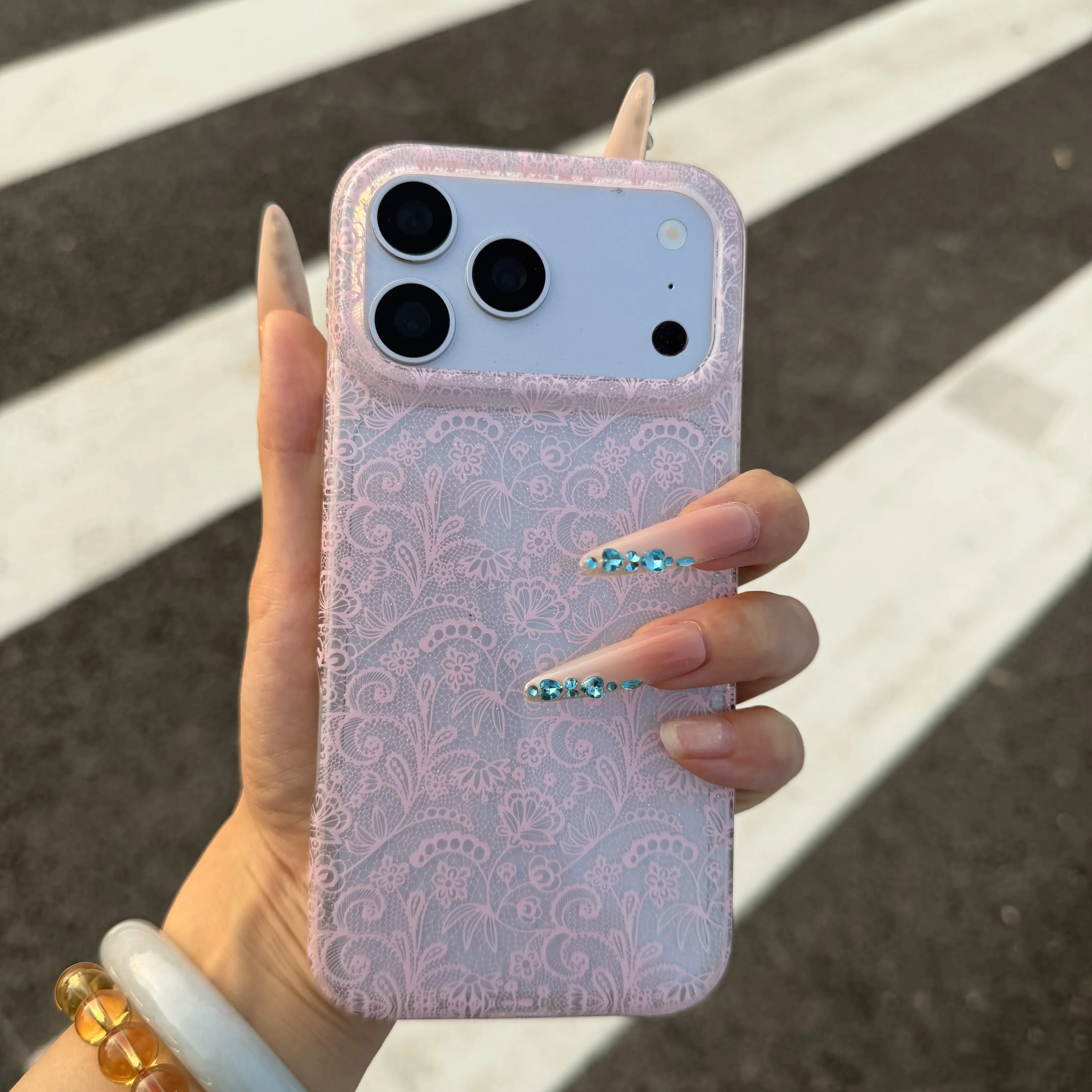 Vintage Lace Pattern Translucent Shimmer iPhone Case With Built-in Flip Makeup Mirror As Phone Stand, Compatible For iPhone 15,16,17，18，Series, Standard, Pro and Pro Max