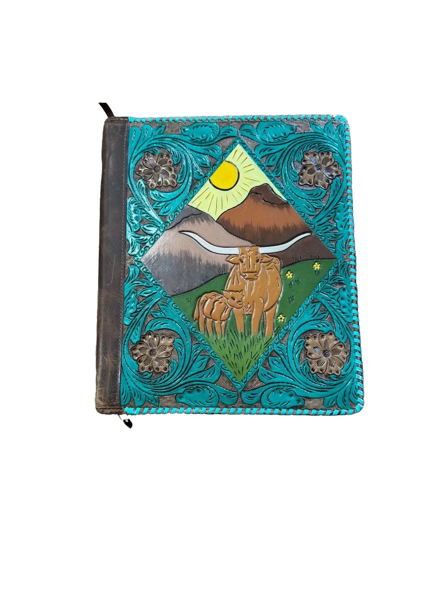 Leather Document Folder - Embossed Longhorn Design, Turquoise Lacing Tooled, Stylish Yet Functional Office Accessories, Files Organizer for Business Meeting Use with Southwestern Artistry