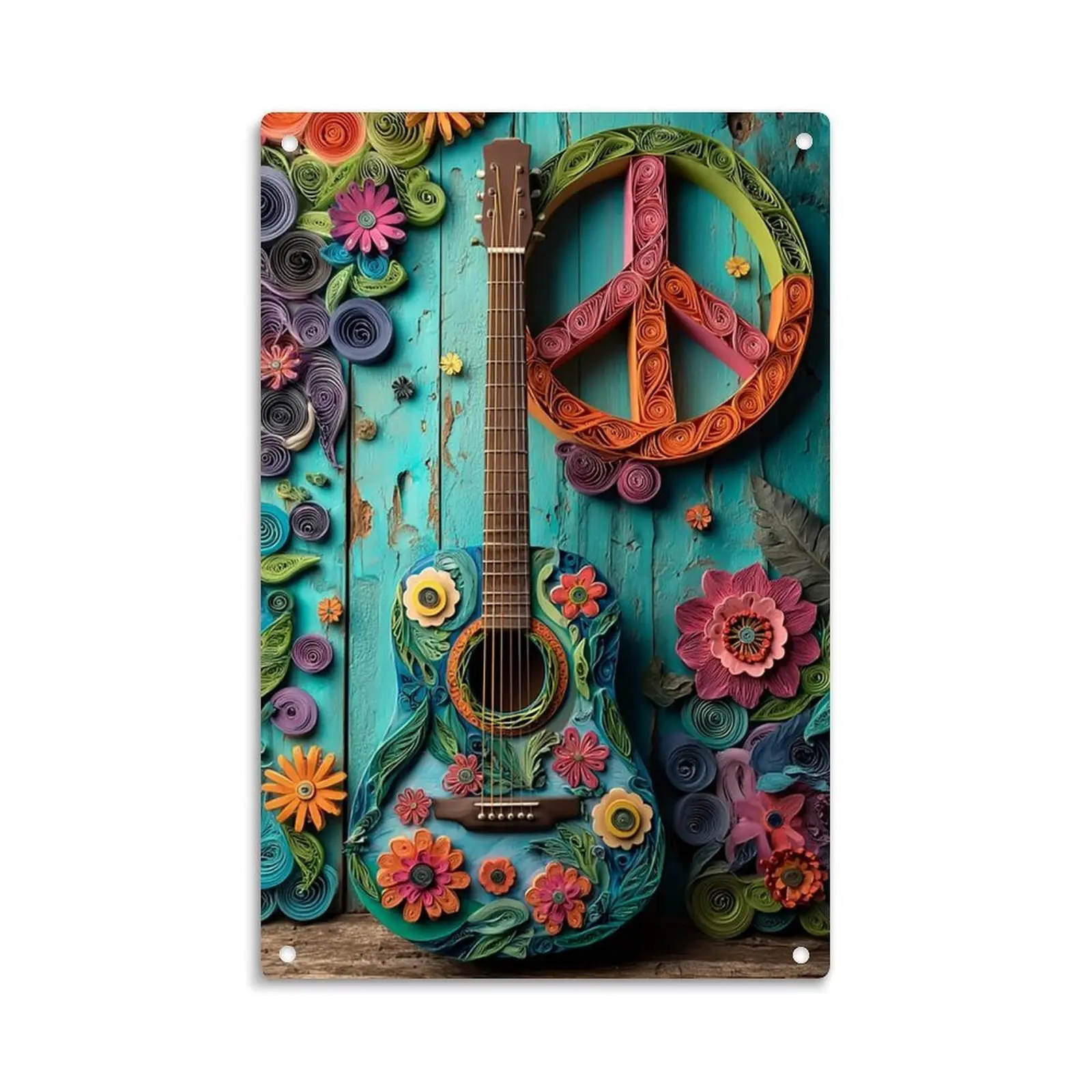 Floral Guitar Peace Sign Tin Sign， Vintage Acoustic Guitar with Flowers And Peace Symbol Metal Sign Print Aesthetic Room Decoration for Home Bedroom Kitchen Bar Dorm Bathroom Wall Decor 8 X 12 Inch