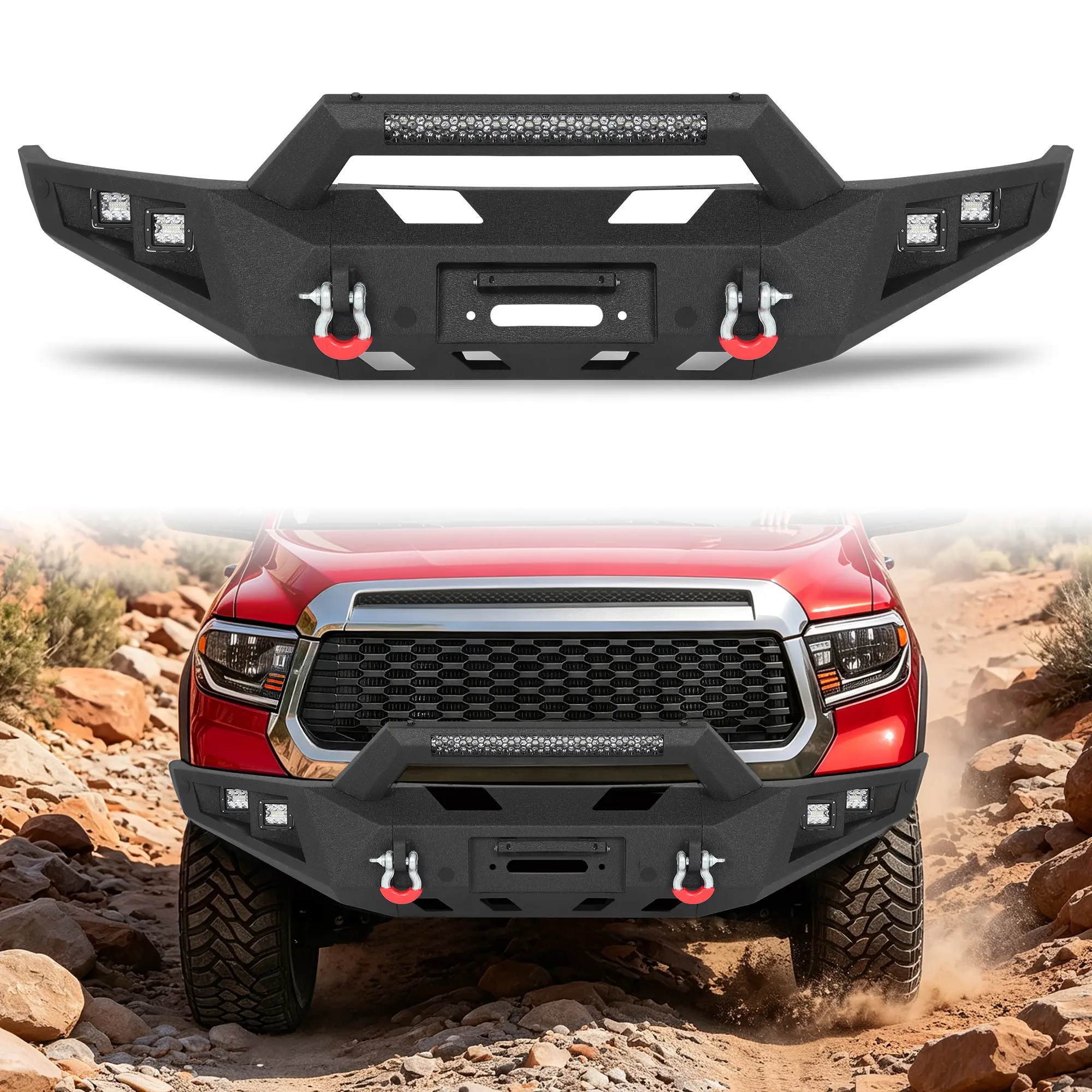 MONOKING Front Bumper for 2014-2021 Toyota Tundra, 11-Gauge Steel Full-Width Off-Road Bumper with 144W Light Bar, 4 x 18W LED Pods, Winch Plate, D-Rings and Sensor Holes