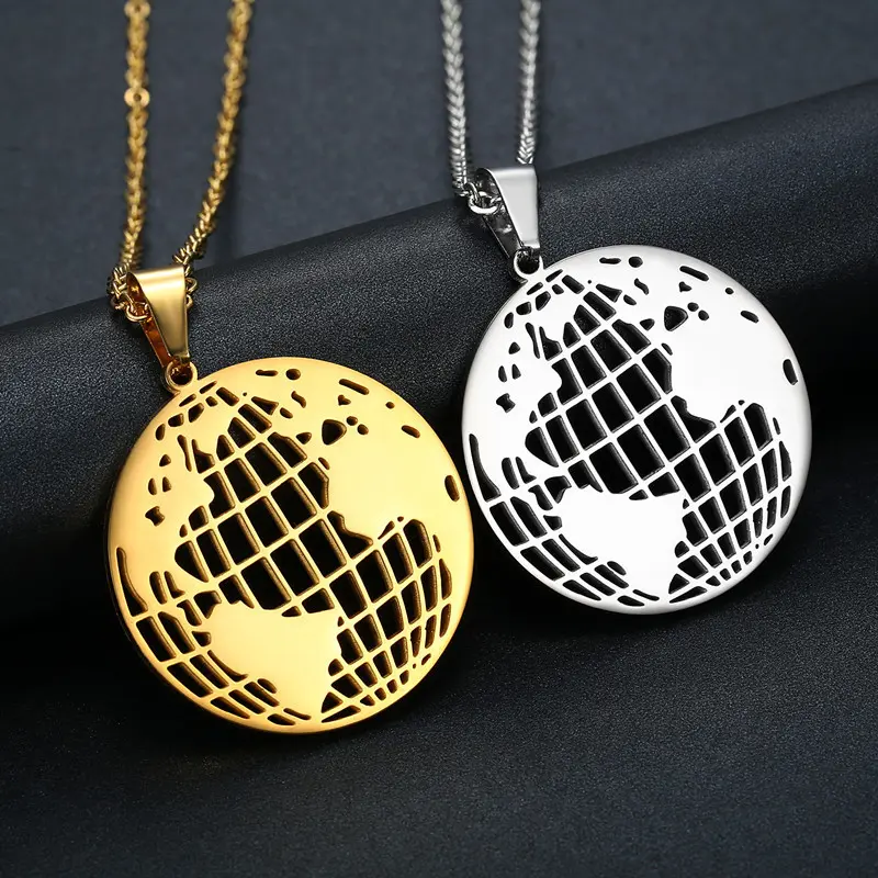 Unisex Custom World Map Pendant Necklace in Stainless Steel, Hollow Circle Design for Daily Wear & Holiday Gifting, Customized Necklace, Custom Hollow World Map Circular, Creative Design, Fashionable Creative Design