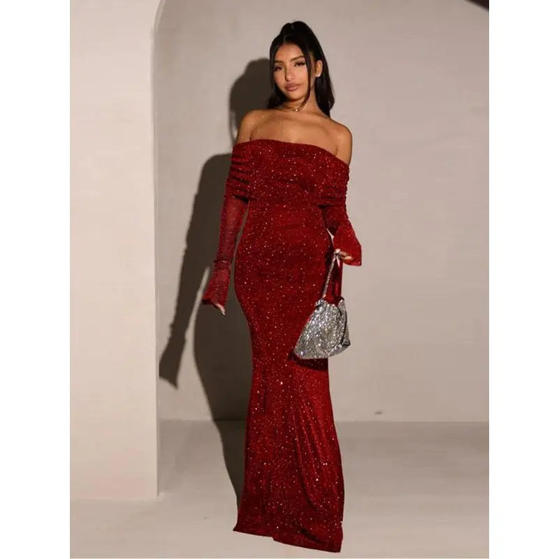 Women's Contrast Sequin Ruched Off Shoulder Mermaid Dress, Elegant Long  Sleeve Slim Maxi Dress for Party Evening Formal Occasions, Ladies' Clothes  for All Seasons - TikTok Shop