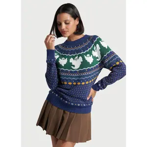 ModCloth Happy Hauntings Fair Isle Sweater 100% Cotton Knit Navy Blue Ghost Print (XS-4X) Long Sleeve Halloween pullover