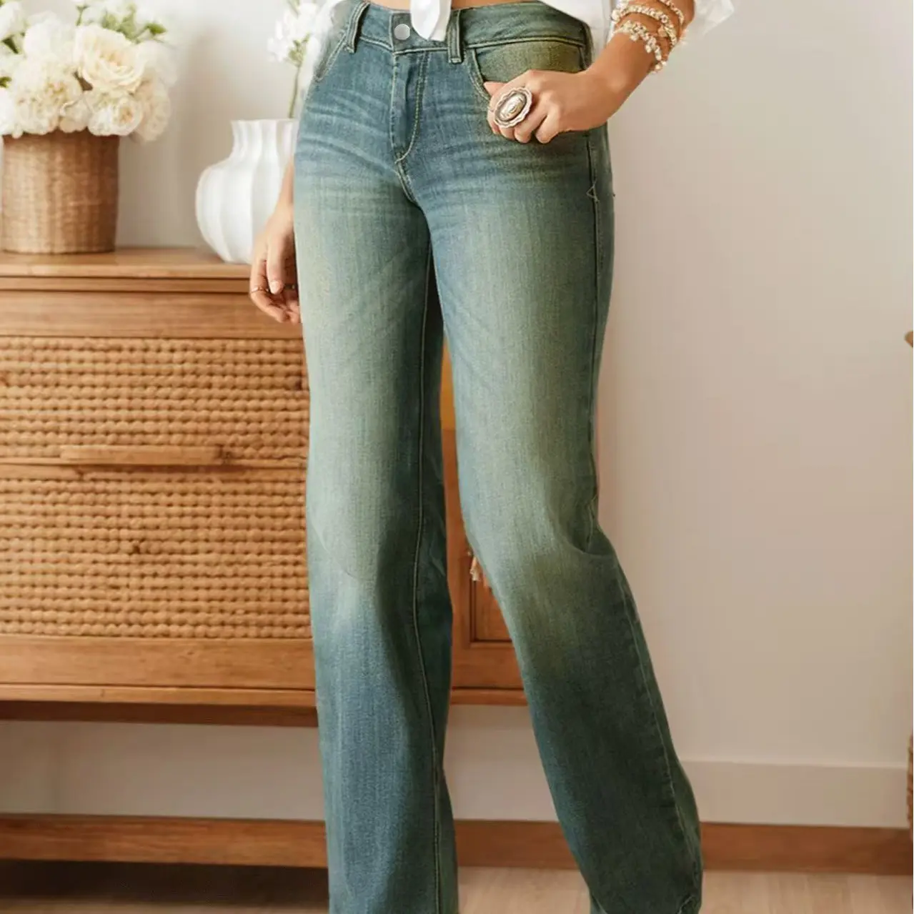Women's Cowboy Bottoms - Mid-Low Rise Vintage Green Washed Bootcut Jeans, Retro Faded Stretch Denim Fabric Pants with Belt Loop Compatibility, Blouses
