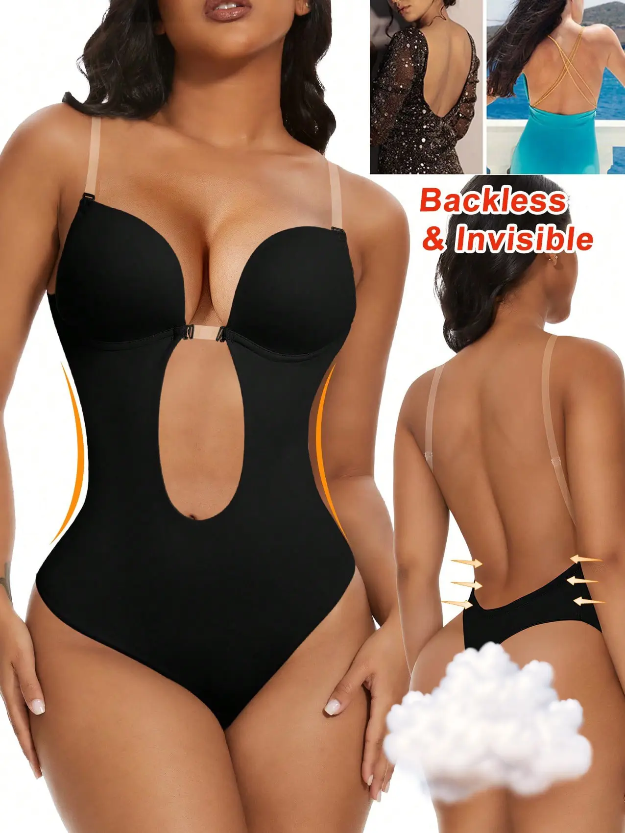 Backless Women Shapewear Bodysuit Built-In Bra U Plunge Shaper Thong Corset Lingerie Underwear Invisible Deep U Bras Under Wedding Dress,Body con espalda descubierta Sujetadores con escote profundo en U
