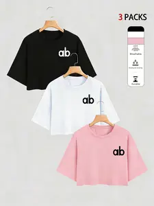 Women's 3-Piece Ab Letter Print Short Sleeve T-Shirt Set, Colors, Casual Fitted H-Type, Breathable Quick-Dry Fabric