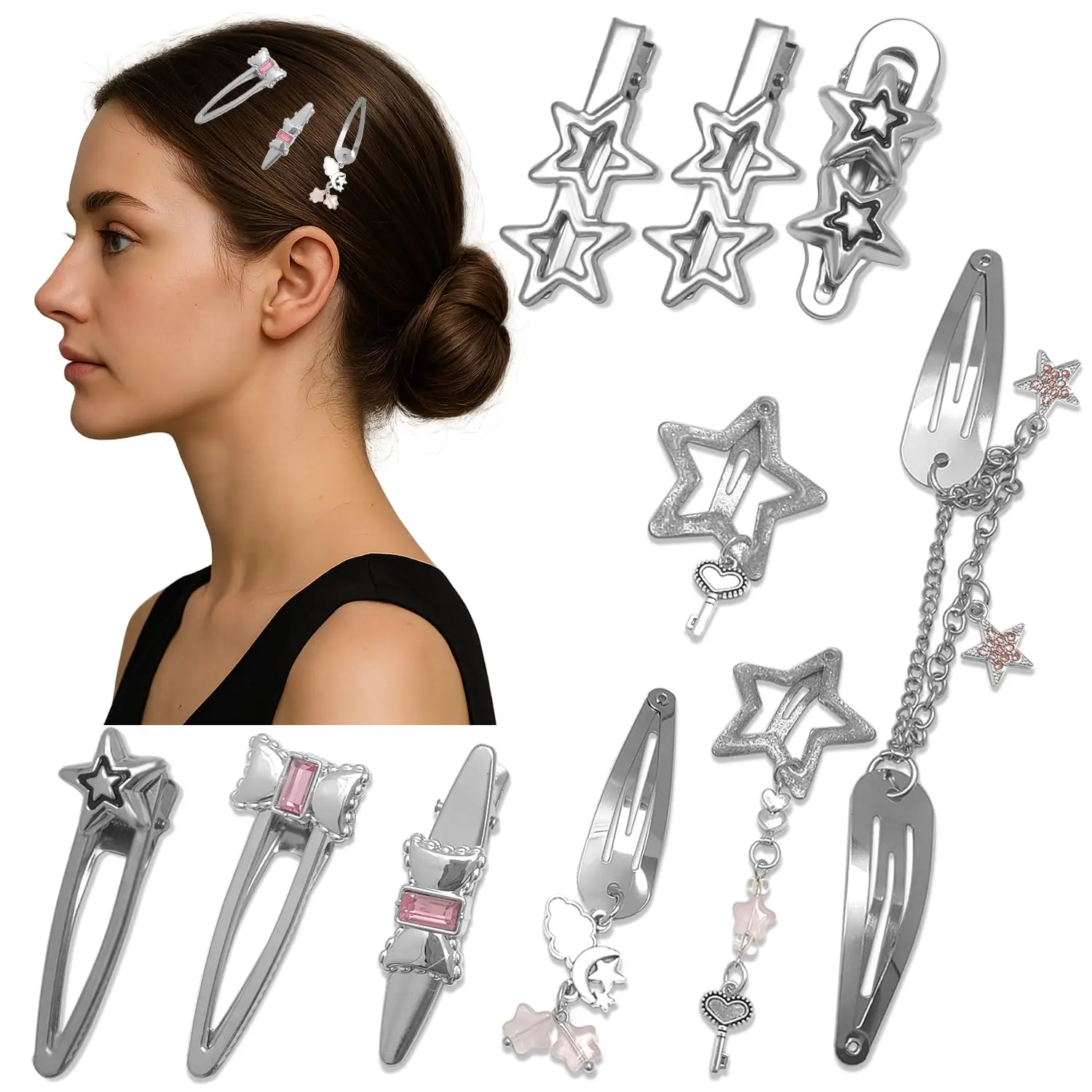 10-50PCS  Hair Clips Cute  Metal Hair Clips for Women Y2K Snap Hair Barrettes Non Slip Fashion  Hair Accessories (Pink & 10 count)