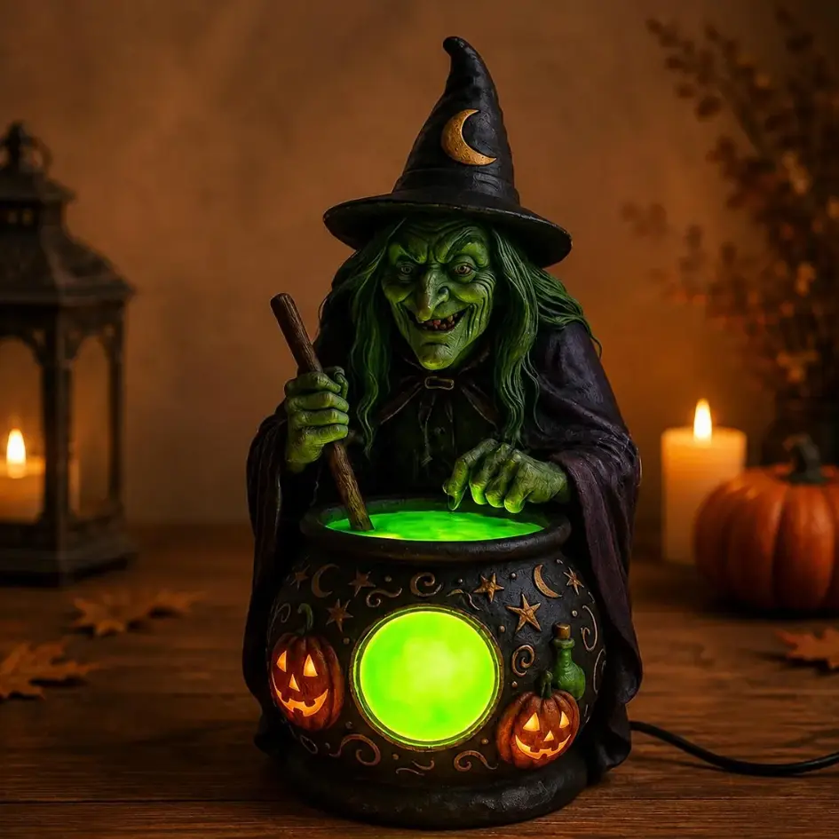 Halloween Witch Cauldron Figurine - LED Glowing Lantern, Gothic Autumn Home Decor, Spooky Party Prop, Indoor Tabletop/Pumpkin Desk Ornament, Mantel Accent, Festival Gift