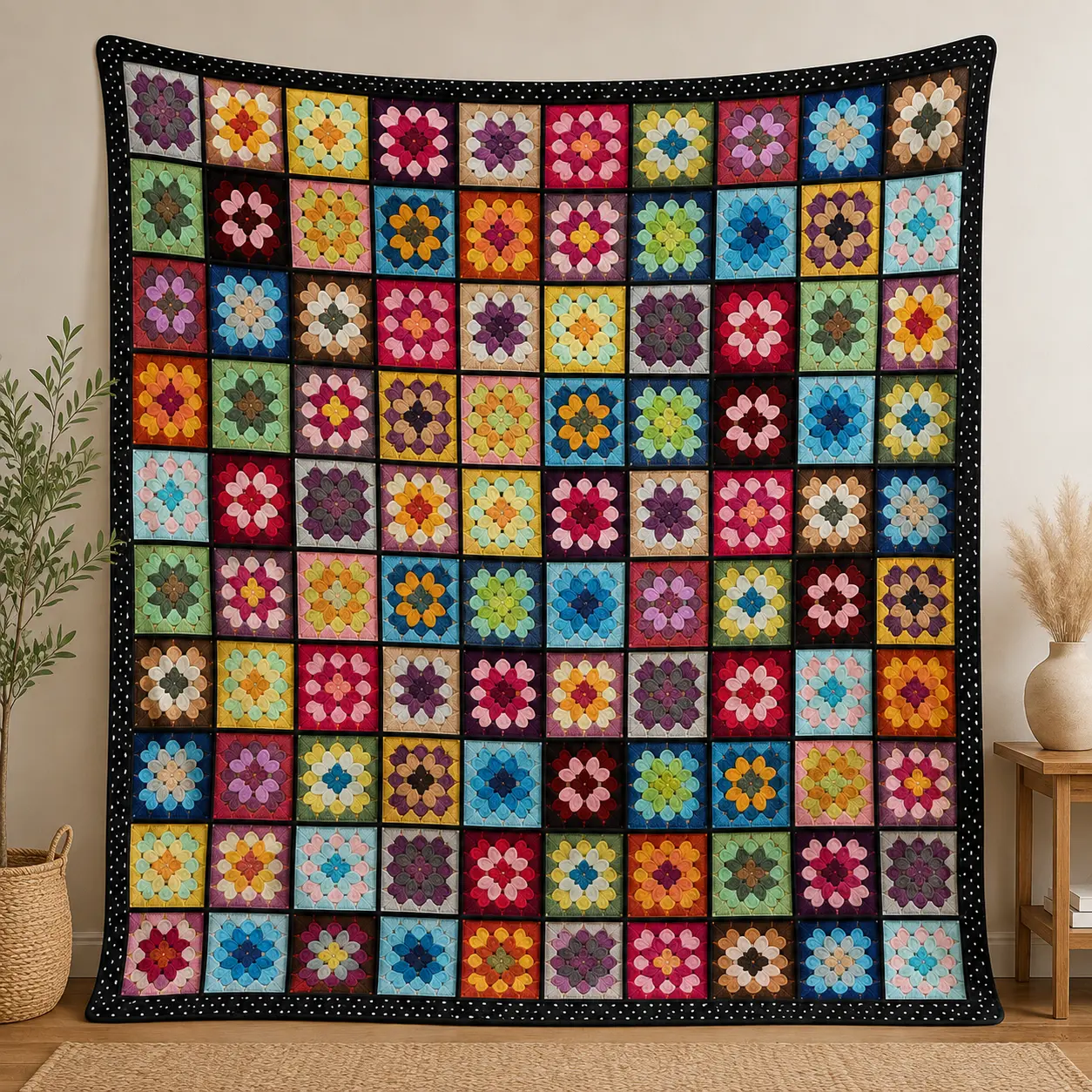 Granny Square Inspired Patchwork Flannel Blanket, Colorful Vintage Floral Square Throw Blanket, Soft Cozy Fleece Blanket for Sofa Bed Home Decor