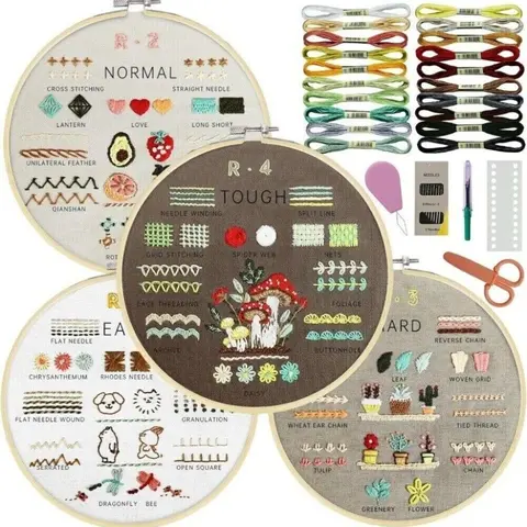 Embroidery Kit for Adult Beginners, 3-Pack 33-Stitch Practice Samplers, 7.8-Inch Hoop, Pre-Stamped Patterns, Threads & Needles, Step-by-Step Guide & Video, DIY Needlework Craft Gift for Women, Mother's Day gift